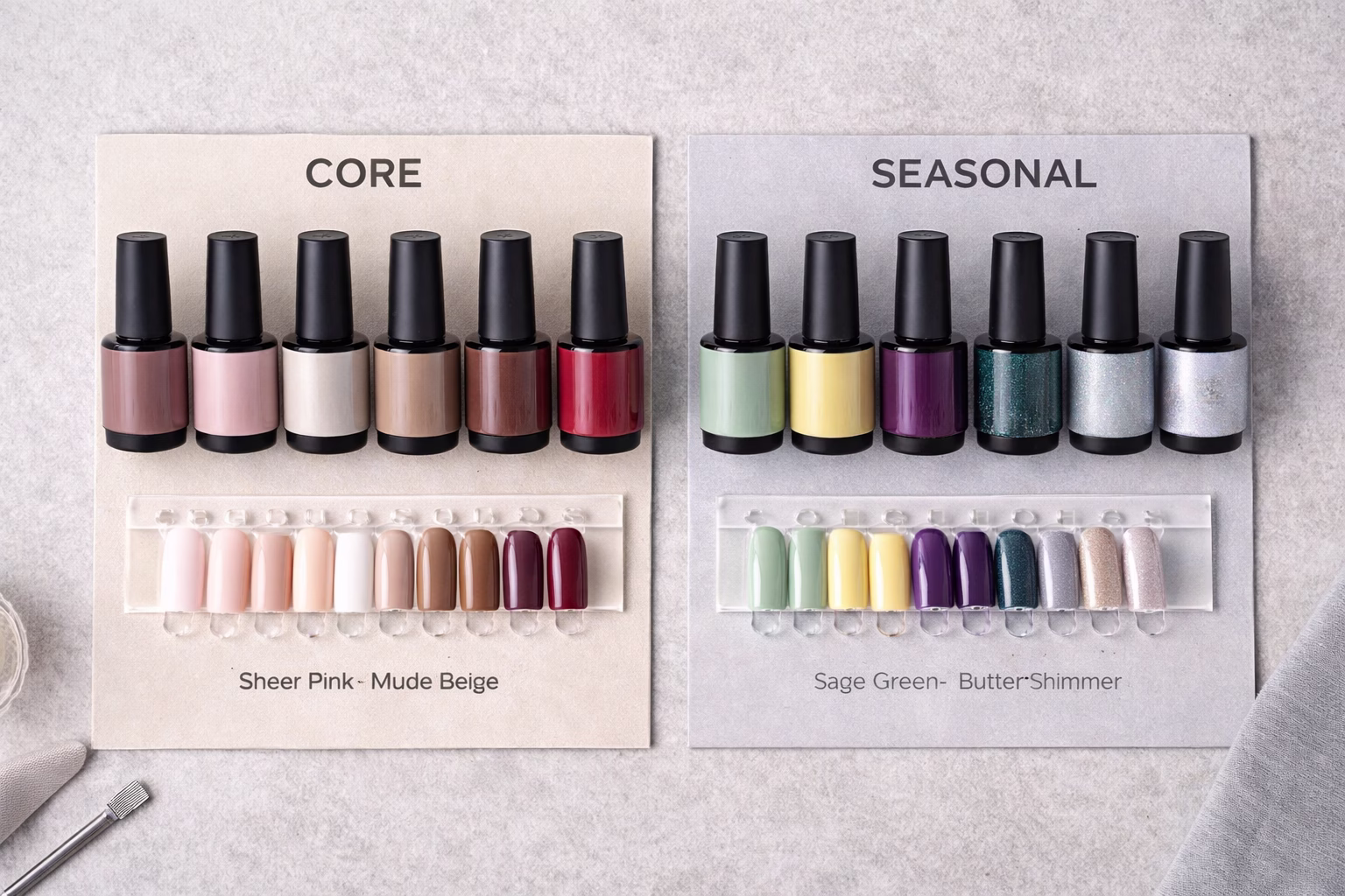 core vs seasonal gel polish assortment ratio shown with product flat lay core vs seasonal gel polish assortment ratio shown with product flat lay