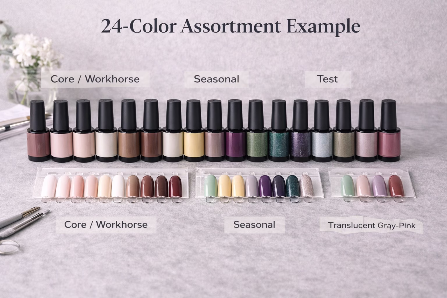 24 color gel polish assortment display with core seasonal and test groups 24 color gel polish assortment display with core seasonal and test groups