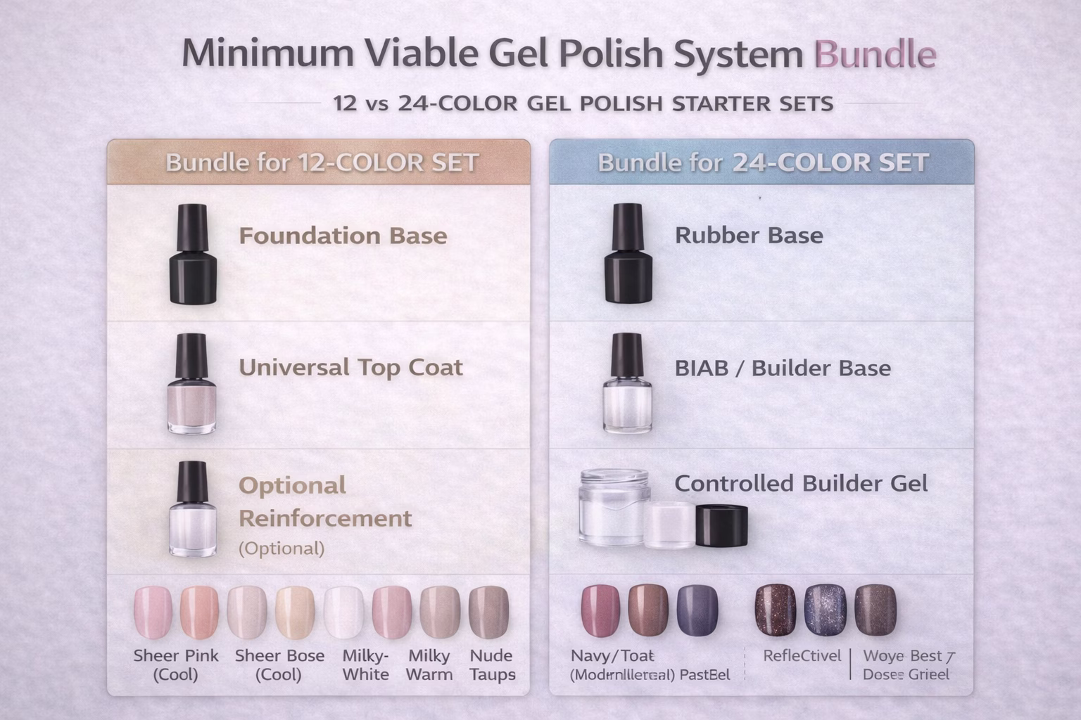 starter-set-minimum-system-bundle-12-vs-24.jpg minimum viable gel polish system bundle for 12 and 24 color starter sets