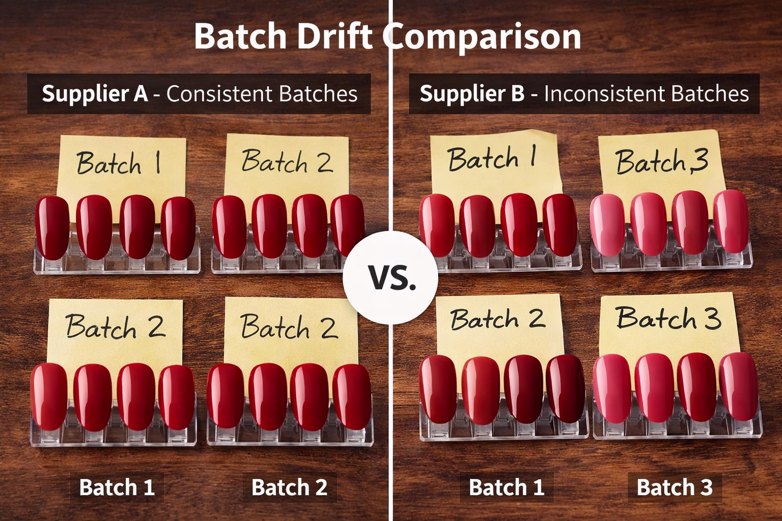 batch drift in gel polish reorders comparison board showing shade shift batch drift in gel polish reorders comparison board showing shade shift