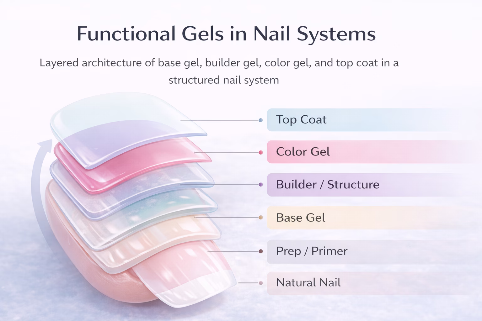 functional gels in nail systems layered architecture showing base gel builder gel color gel and top coat structure functional gels in nail systems layered architecture showing base gel builder gel color gel and top coat structure