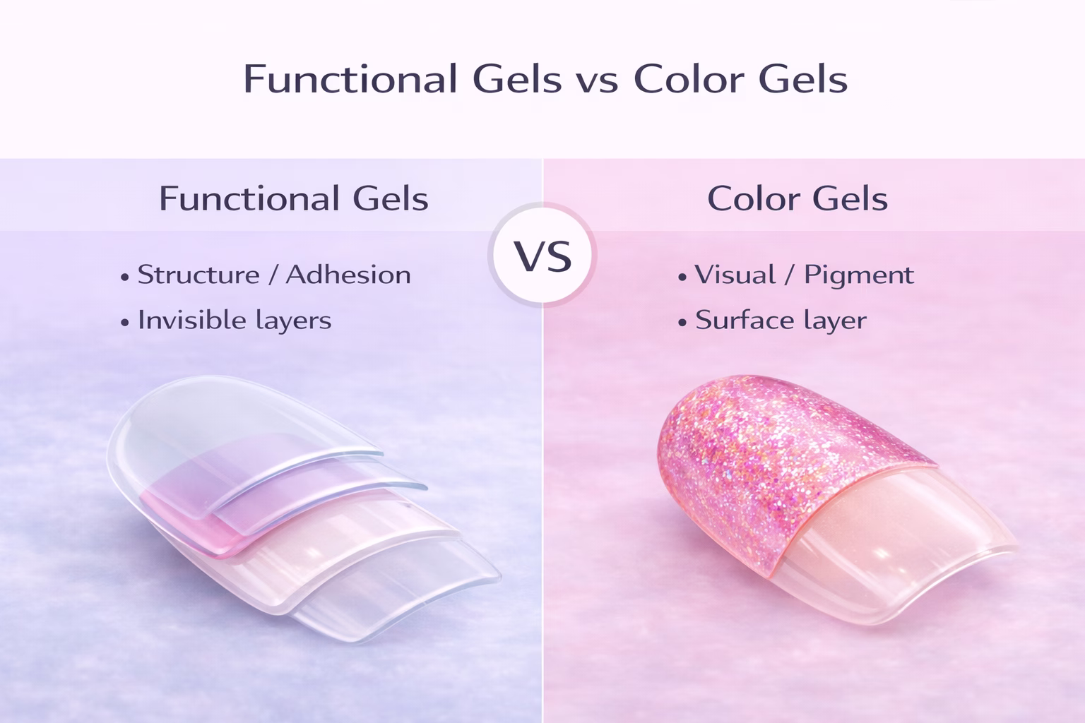 functional gels vs color gels comparison showing structure layers versus pigment gel polish application in nail systems functional gels vs color gels comparison showing structure layers versus pigment gel polish application in nail systems