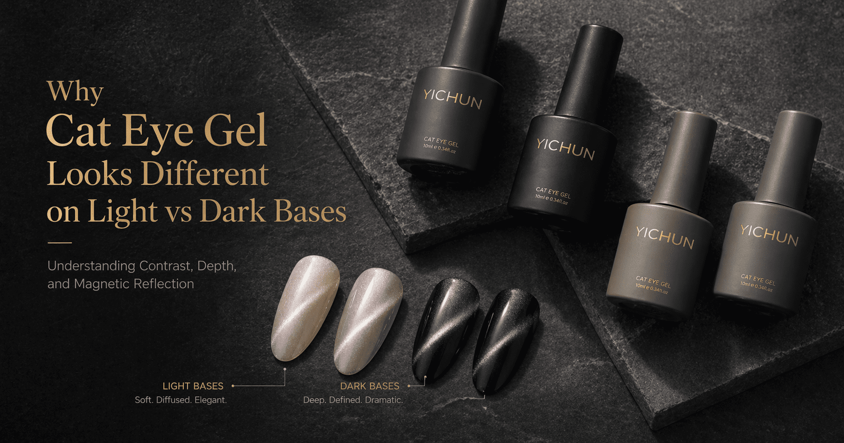 Why Cat Eye Gel Looks Different on Light vs Dark Bases cat eye gel shown on light and dark bases with different magnetic reflection effects in a premium nail product display