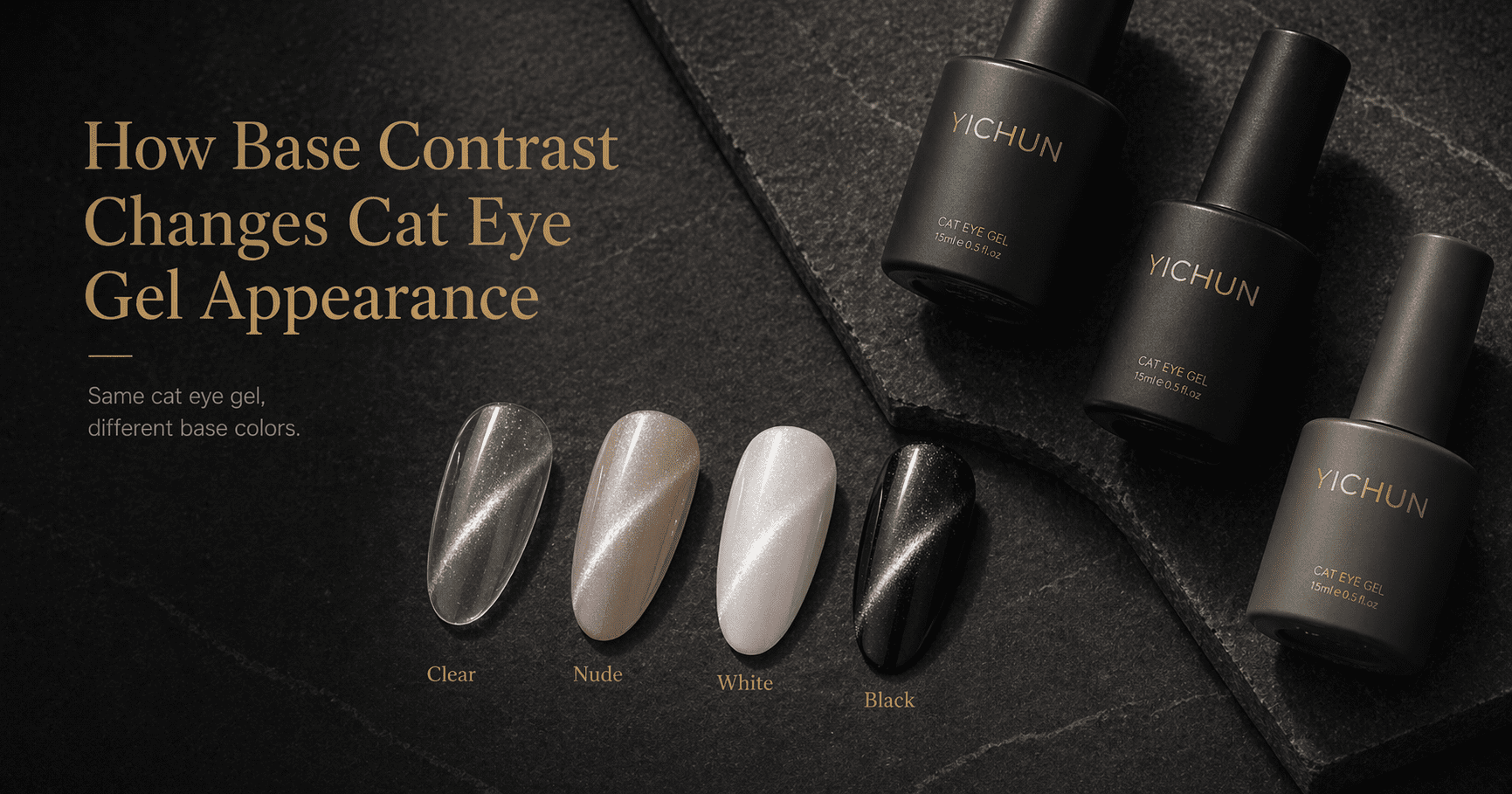 How Base Contrast Changes Cat Eye Gel Appearance comparison of cat eye gel over nude white gray and black bases using display nail tips and magnetic reflection