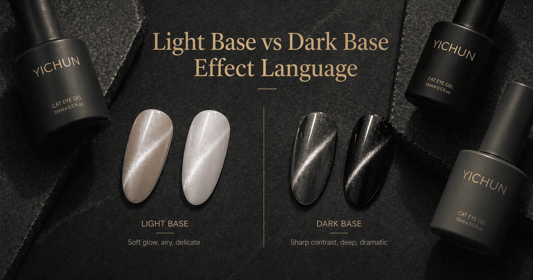 Cat Eye Gel Effect on Light Bases vs Dark Bases side by side display of cat eye gel on light and dark bases showing soft glow versus dramatic magnetic contrast