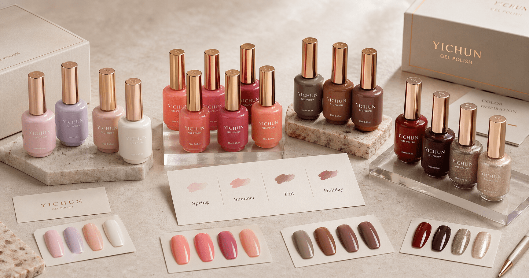 Seasonal Gel Polish Buying Patterns in the US YICHUN gel polish display showing spring summer fall and holiday seasonal buying patterns in the US market