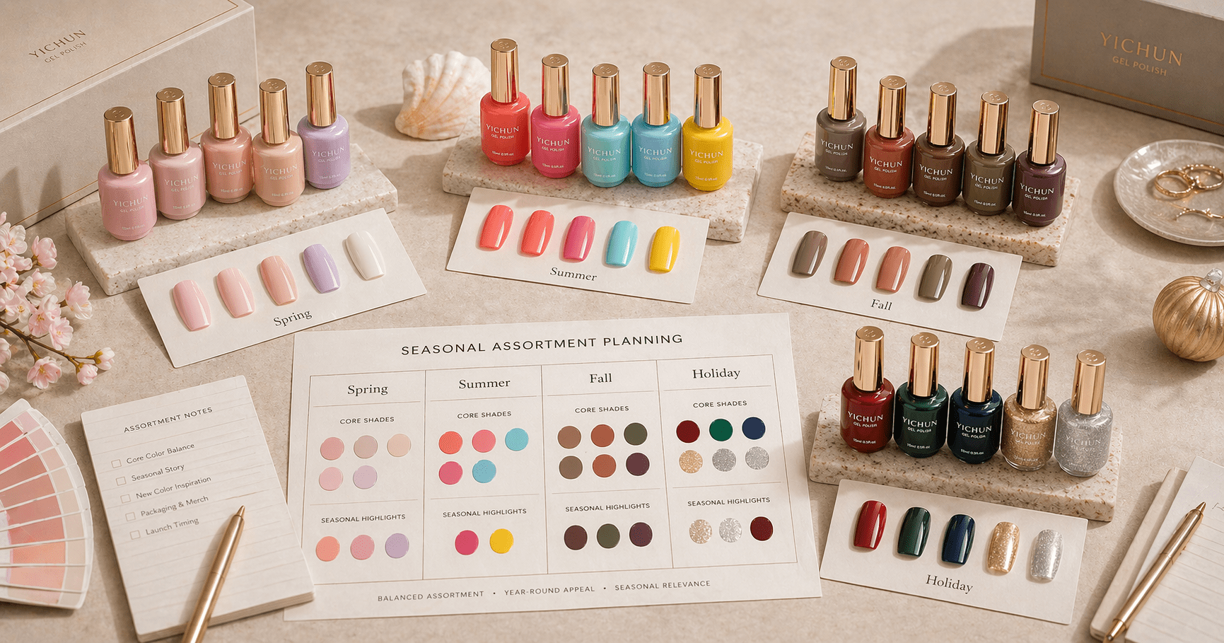 Seasonal Gel Polish Assortment Planning YICHUN seasonal gel polish assortment showing anchor shades essentials and campaign accents for inventory planning