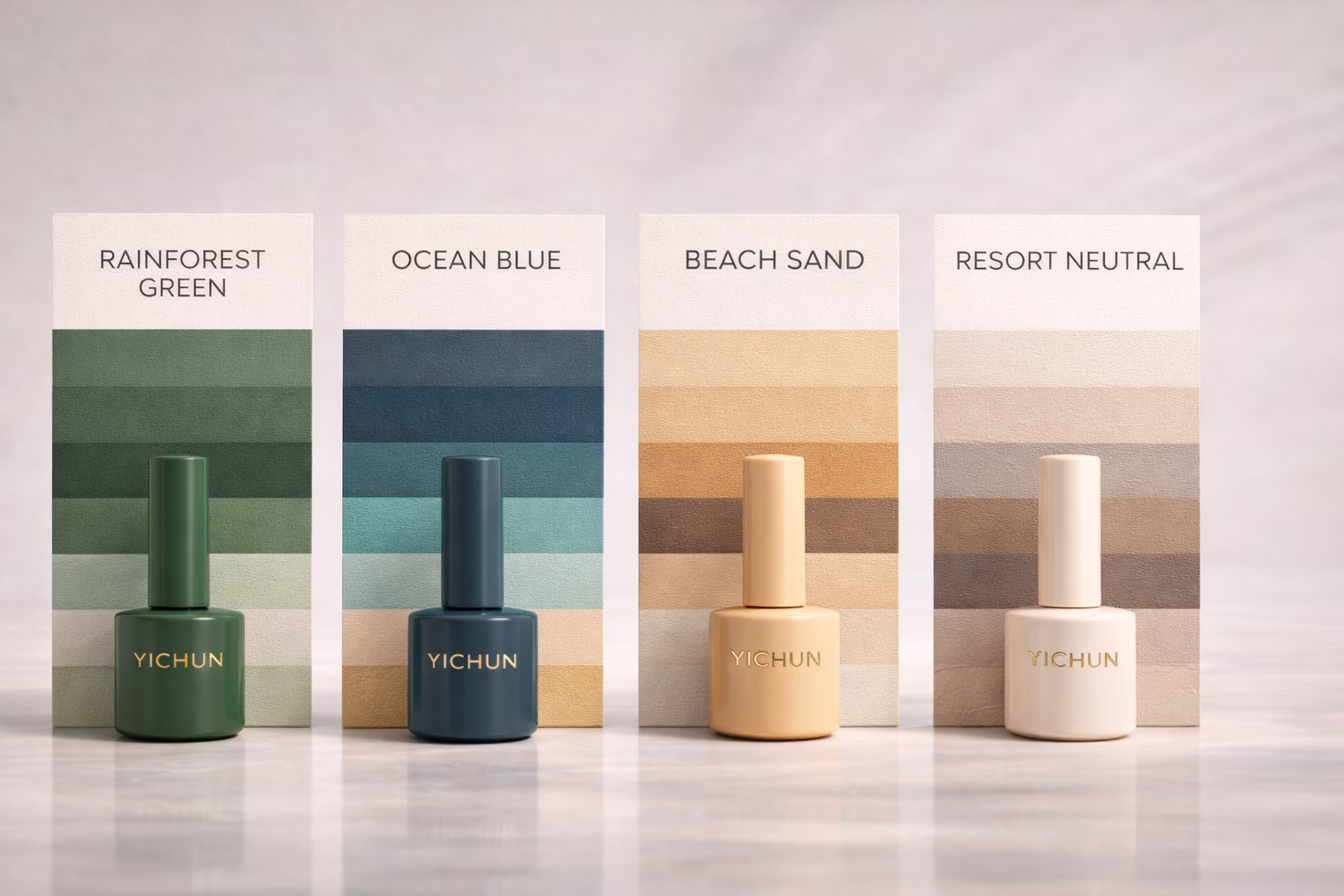 YICHUN Tropical Color Card and Bottle Set Four vertical color cards with matching YICHUN opaque gel polish bottles showing tropical green, ocean blue, sand beige, and neutral tones in a premium studio setup