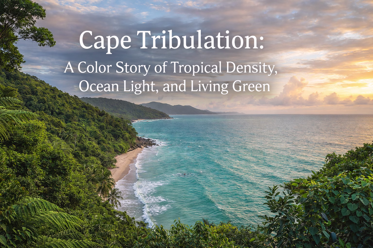 Cape Tribulation Tropical Coast Cover Image Cape Tribulation tropical coastline where rainforest meets turquoise ocean under sunset light, used as a cover image for a color story article