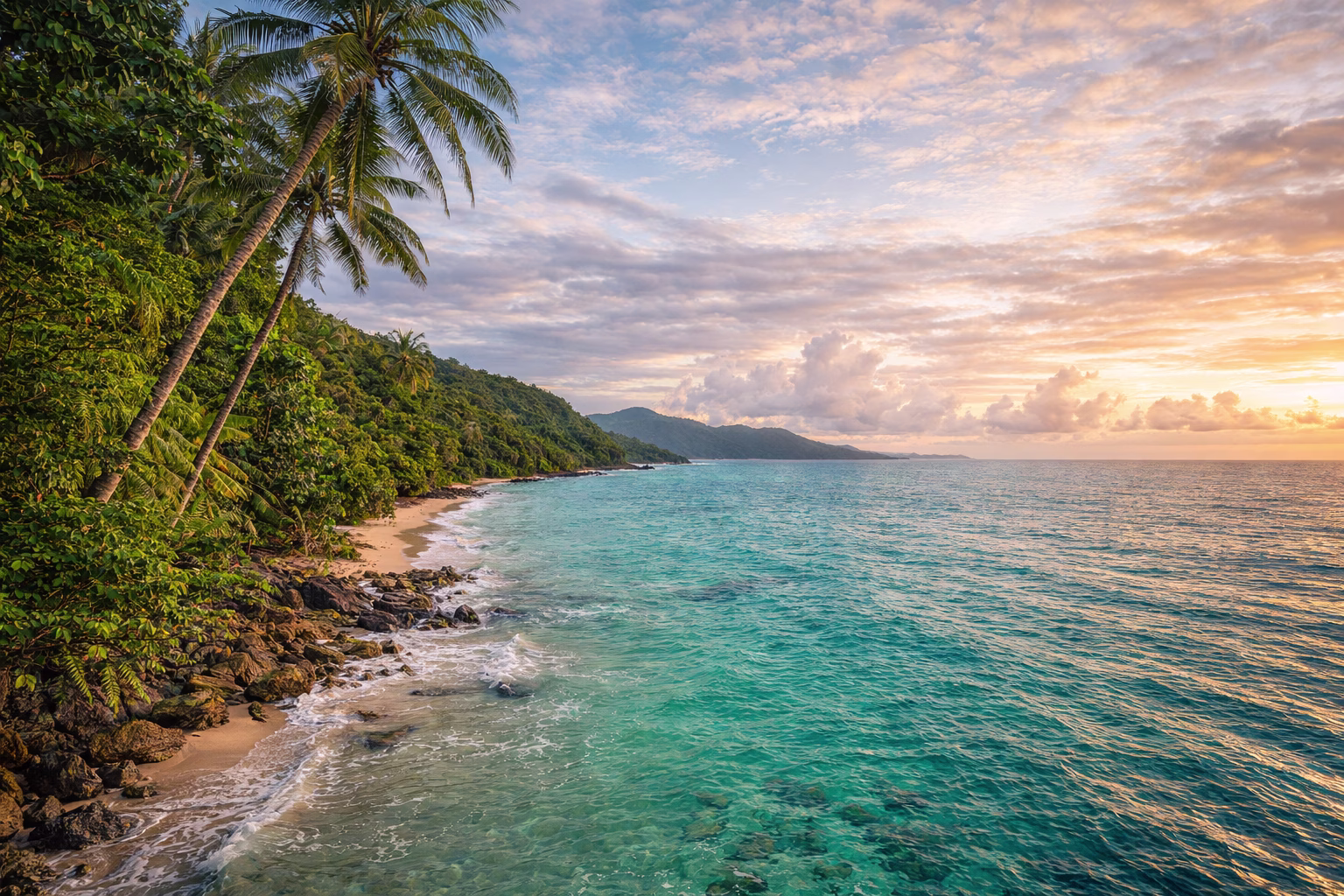 Cape Tribulation Coastal Rainforest Low Angle View Low angle view of Cape Tribulation coastline with lush tropical trees, rocky shore, and ocean waves under warm natural light