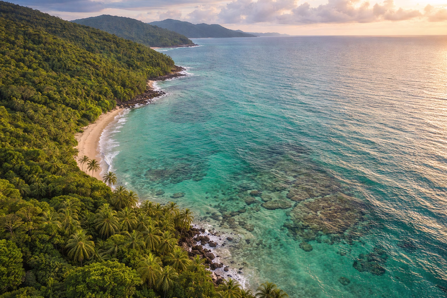 Cape Tribulation Aerial Rainforest and Ocean View Aerial view of Cape Tribulation showing dense rainforest merging into clear turquoise Coral Sea with sandy coastline and reef textures