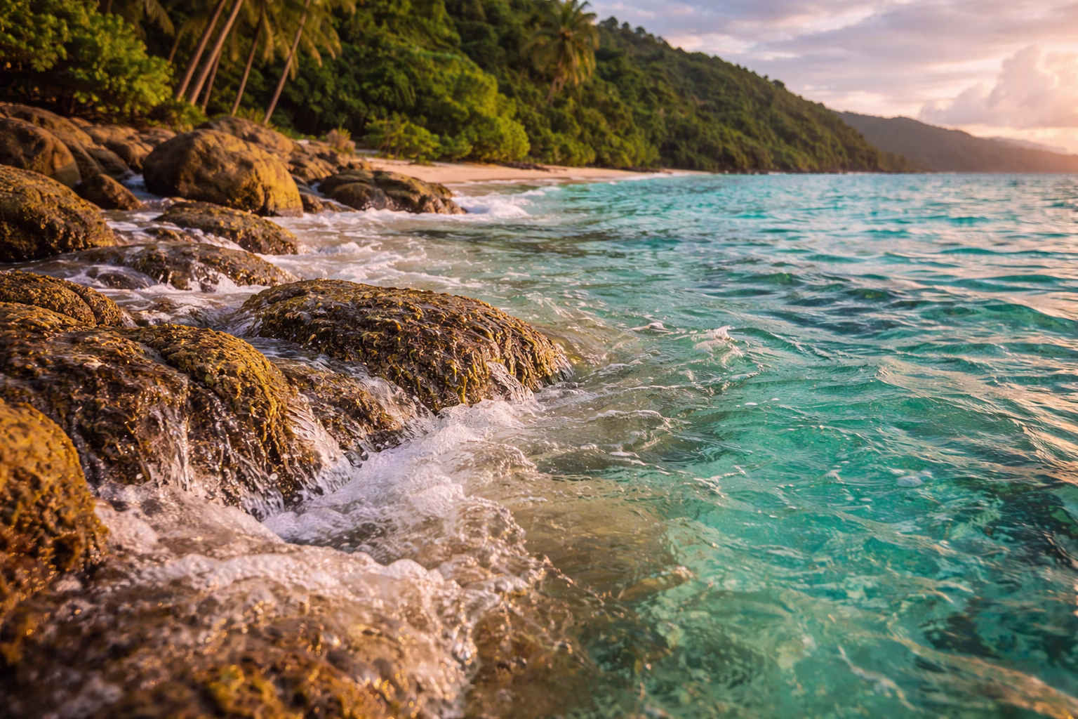 Cape Tribulation Shoreline Water and Rock Detail Close-up of Cape Tribulation shoreline with clear turquoise water flowing over textured rocks and tropical beach environment