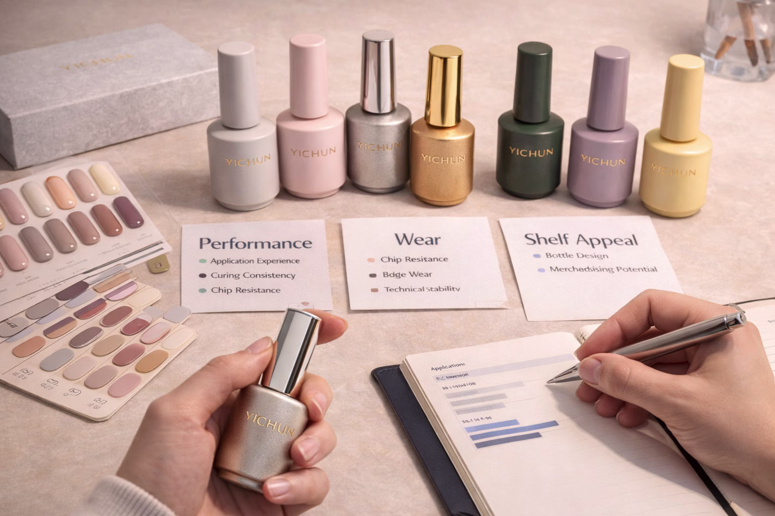What US Buyers Evaluate in HEMA-Free Gel Polish Professional buyer evaluating HEMA-free gel polish with YICHUN bottles swatches and product review criteria