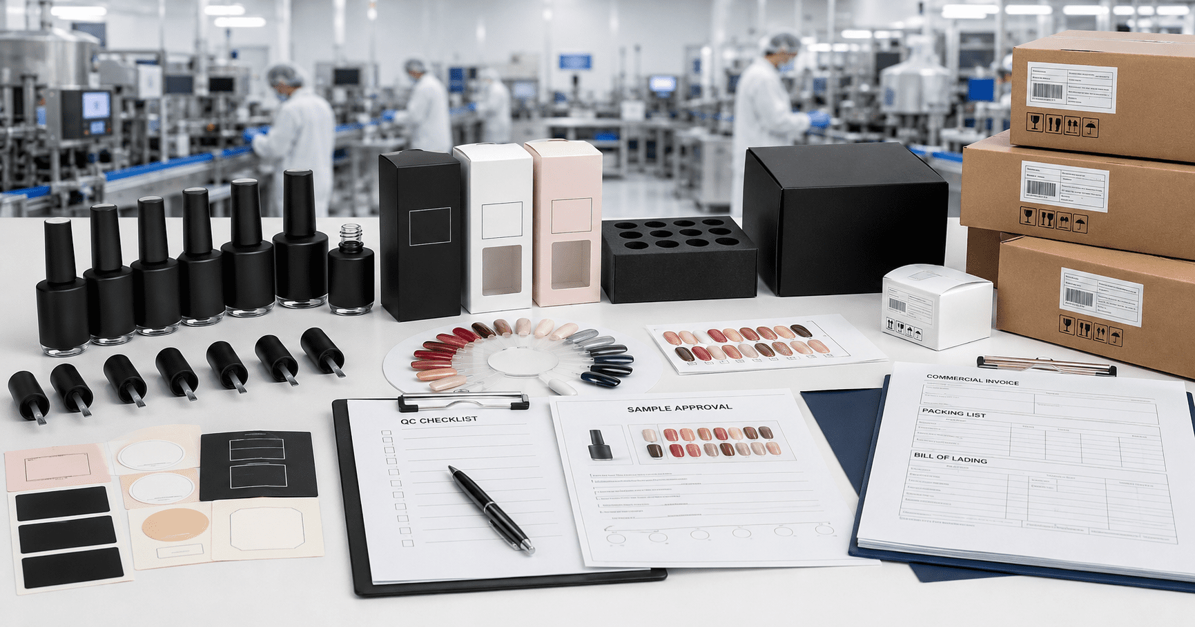 china-nail-gel-supply-chain-ecosystem China nail gel supply chain ecosystem with gel polish production, packaging samples, swatches, and export documents