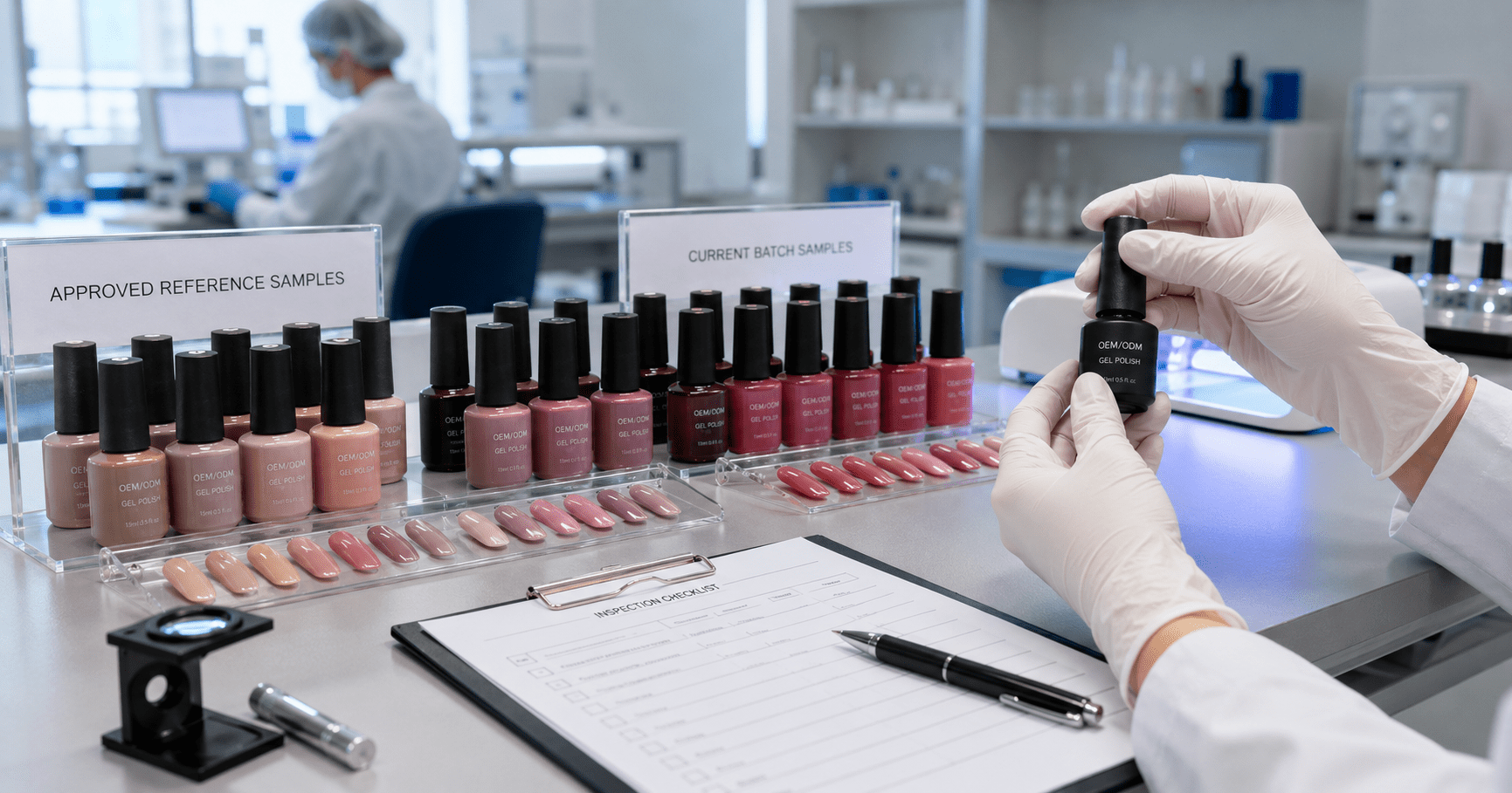 gel-polish-factory-china-quality-control-batch-consistency Gel polish factory China quality control and batch consistency check with bottles, swatches, and inspection sheet