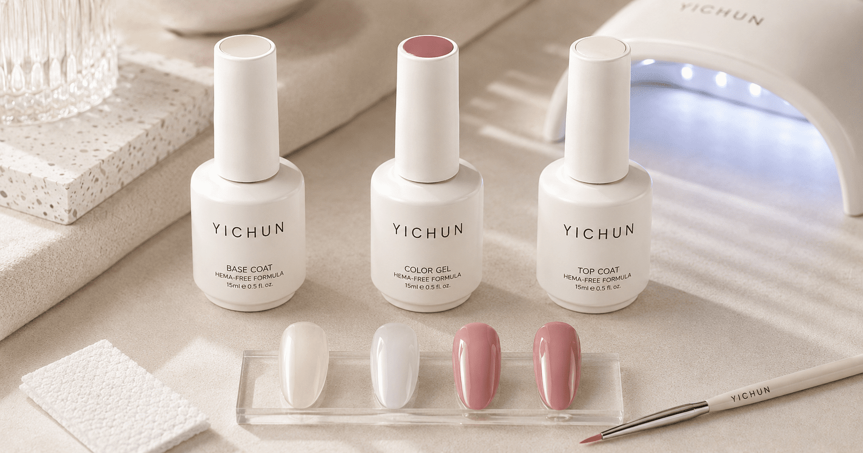 hema-free-gel-polish-application-system HEMA-Free gel polish base color and top coat system with YICHUN bottles and nail tips