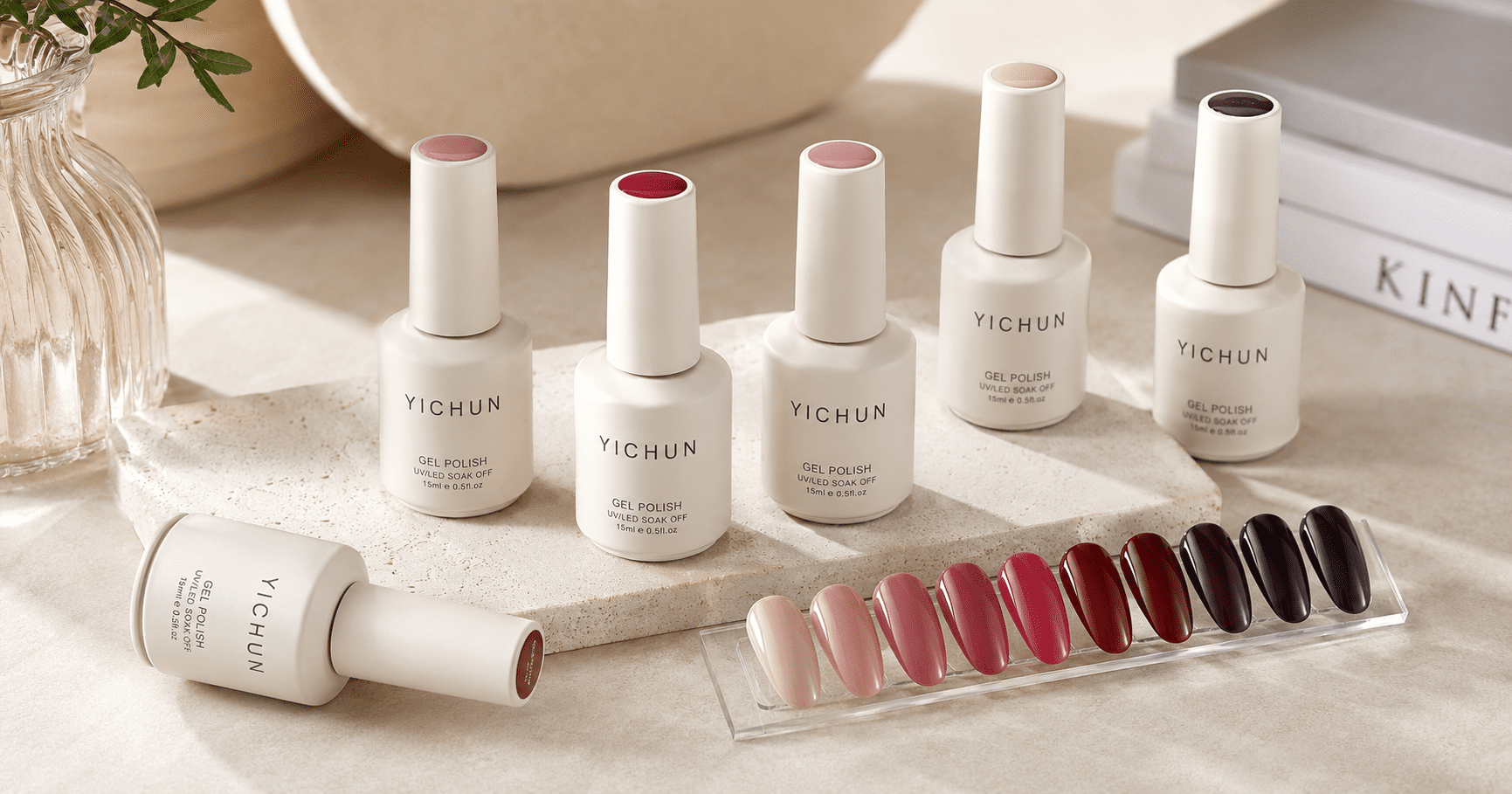 hema-free-gel-polish-lasting-power-hero HEMA-Free gel polish bottles with YICHUN logo for a professional durability comparison guide