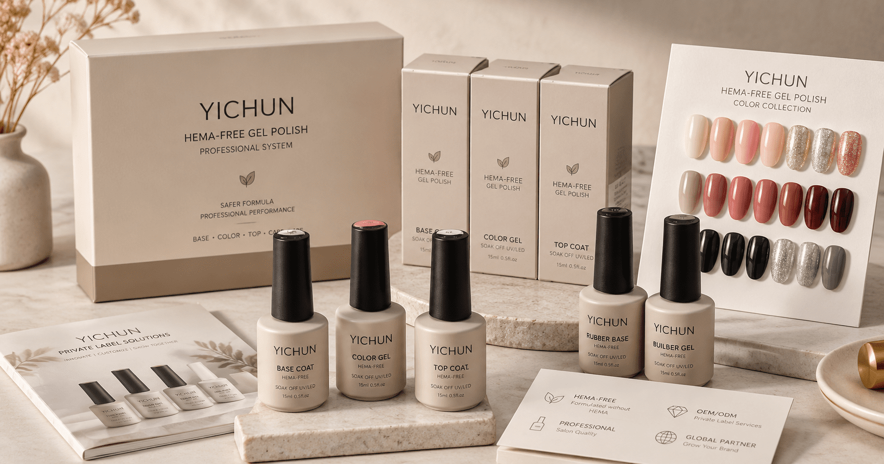 hema-free-gel-polish-private-label-oem Private label HEMA-Free gel polish product line with YICHUN bottles boxes and color card