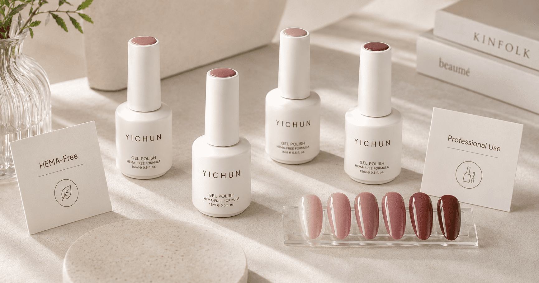 hema-free-gel-polish-product-concept HEMA-Free gel polish product concept with YICHUN bottles and clean ingredient education cards