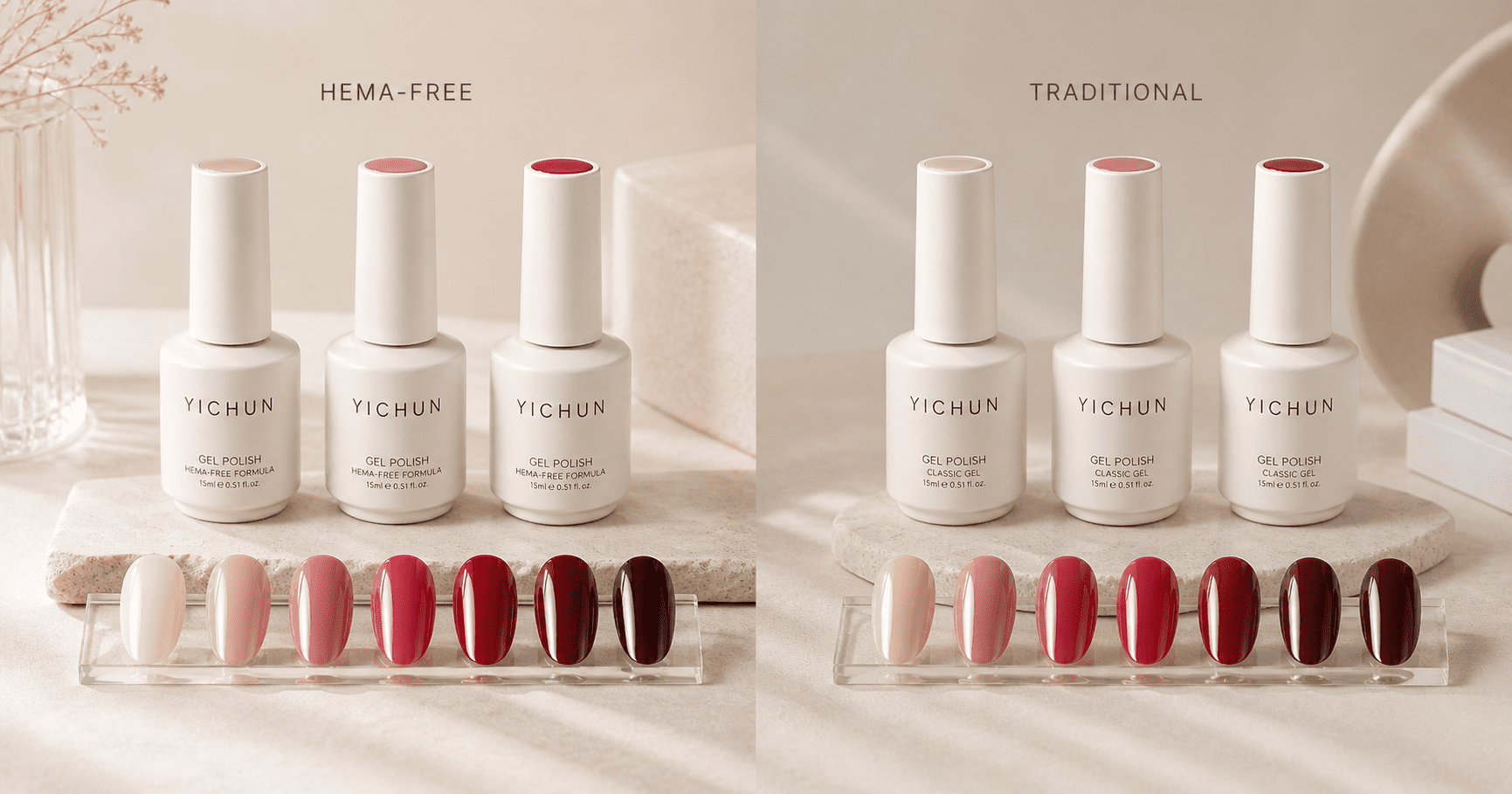 hema-free-vs-traditional-gel-polish-comparison HEMA-Free gel polish vs traditional gel polish comparison with YICHUN bottle groups and swatches