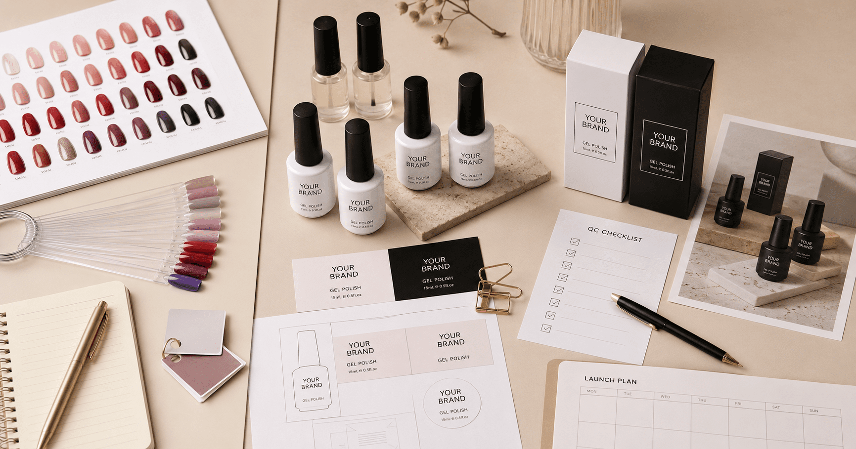 low-moq-private-label-gel-polish-oem-process Low MOQ private label gel polish OEM process from color selection and samples to packaging and launch planning.