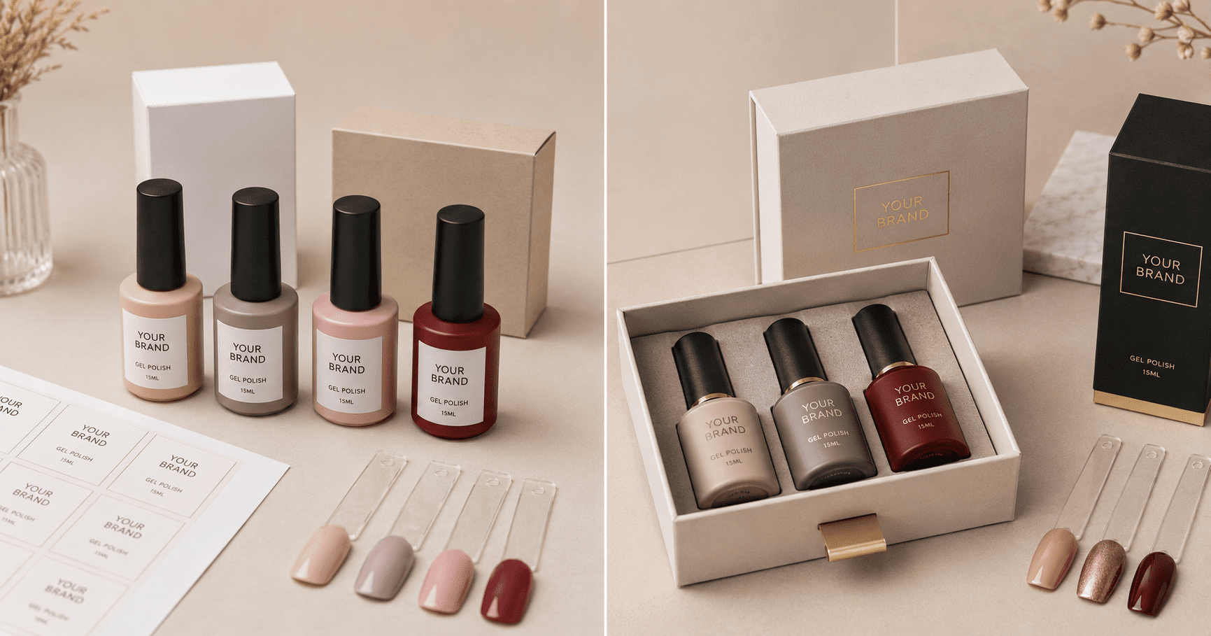 low-moq-private-label-gel-polish-packaging-options Low MOQ private label gel polish customization options with bottles, labels, folding boxes, and premium packaging choices.