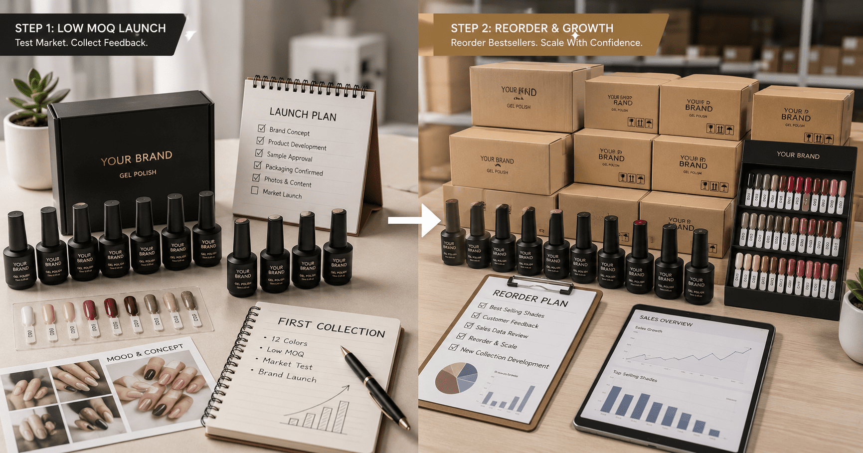low-moq-private-label-gel-polish-reorder-growth Low MOQ private label gel polish launch growing into reorder planning with boxed products, inventory, and bestselling shades.