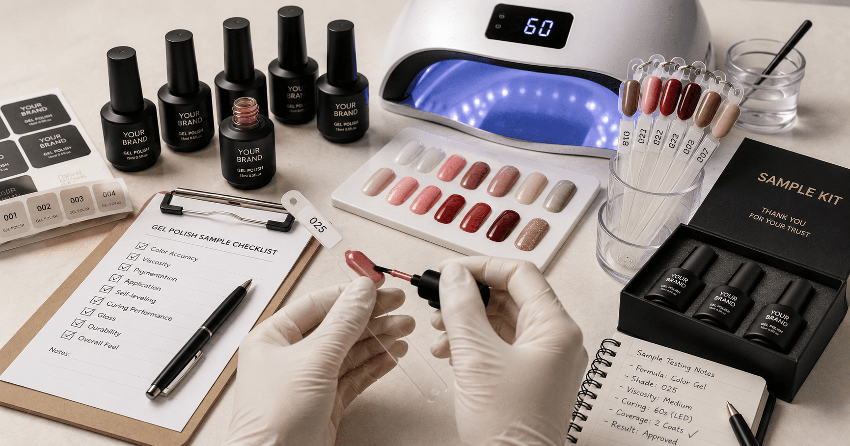 low-moq-private-label-gel-polish-sample-testing Low MOQ private label gel polish sample testing with swatches, curing lamp, bottles, and QC checklist.