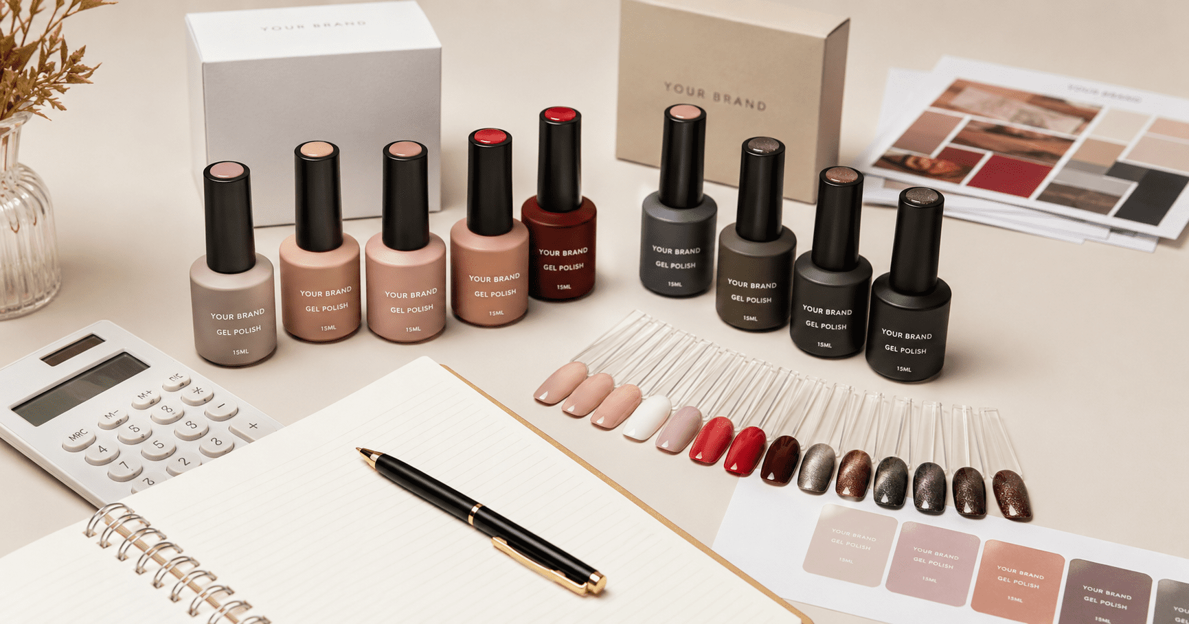 low-moq-private-label-gel-polish-startup-budget-hero Low MOQ private label gel polish startup budget planning with bottles, packaging, swatches, and brand materials.