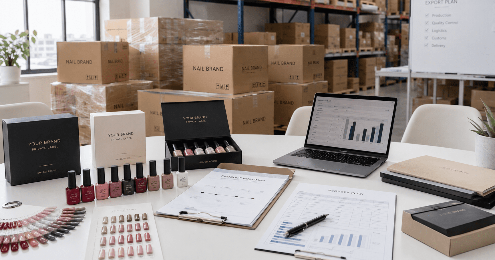 nail-gel-factory-china-export-reorder-planning Nail gel factory China export and reorder planning with gel polish samples, product roadmap, packaging boxes, and cartons