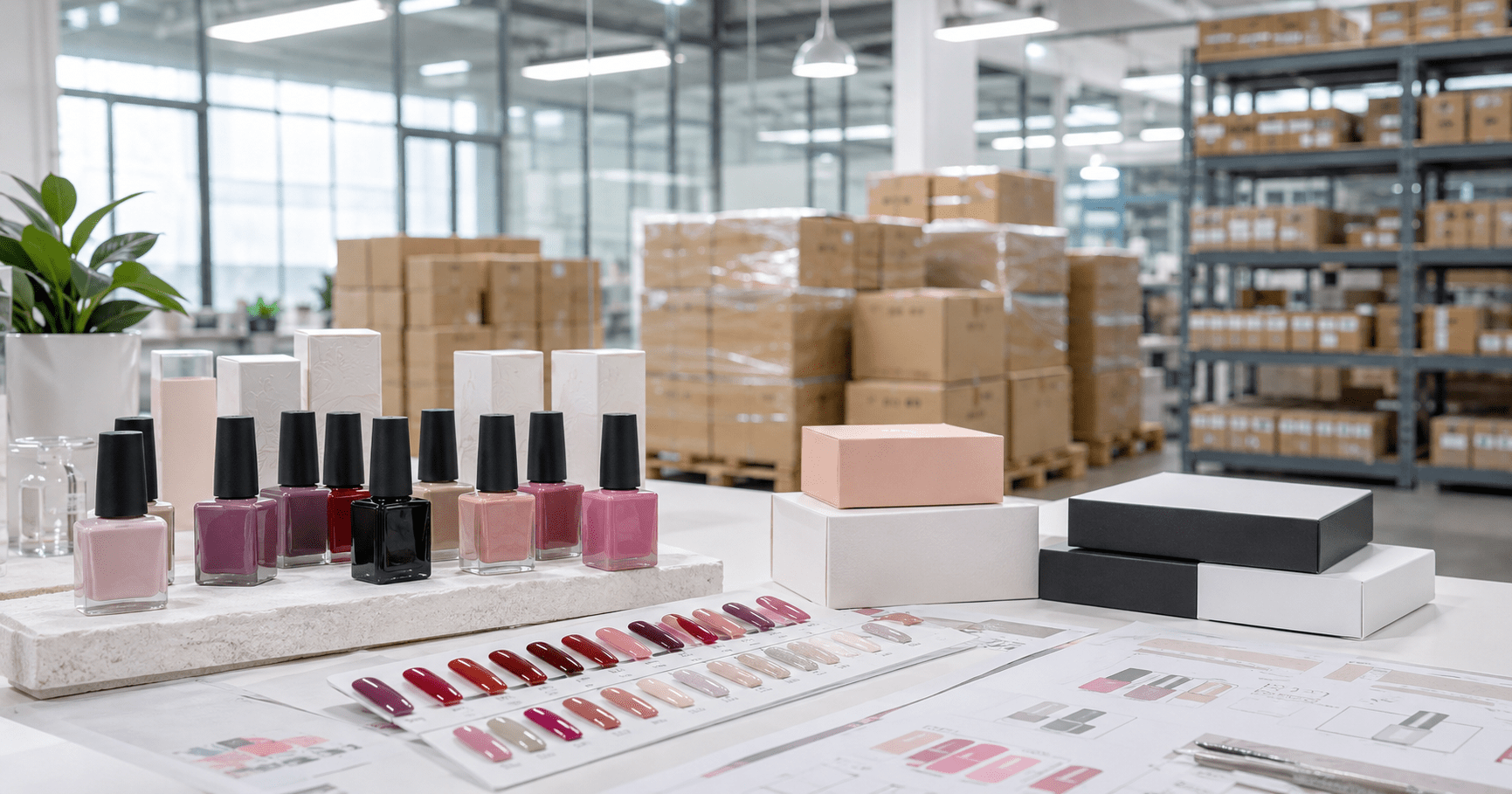 nail-gel-factory-china-supply-chain-hero Nail gel factory China supply chain scene with gel polish bottles, packaging boxes, swatches, and export cartons