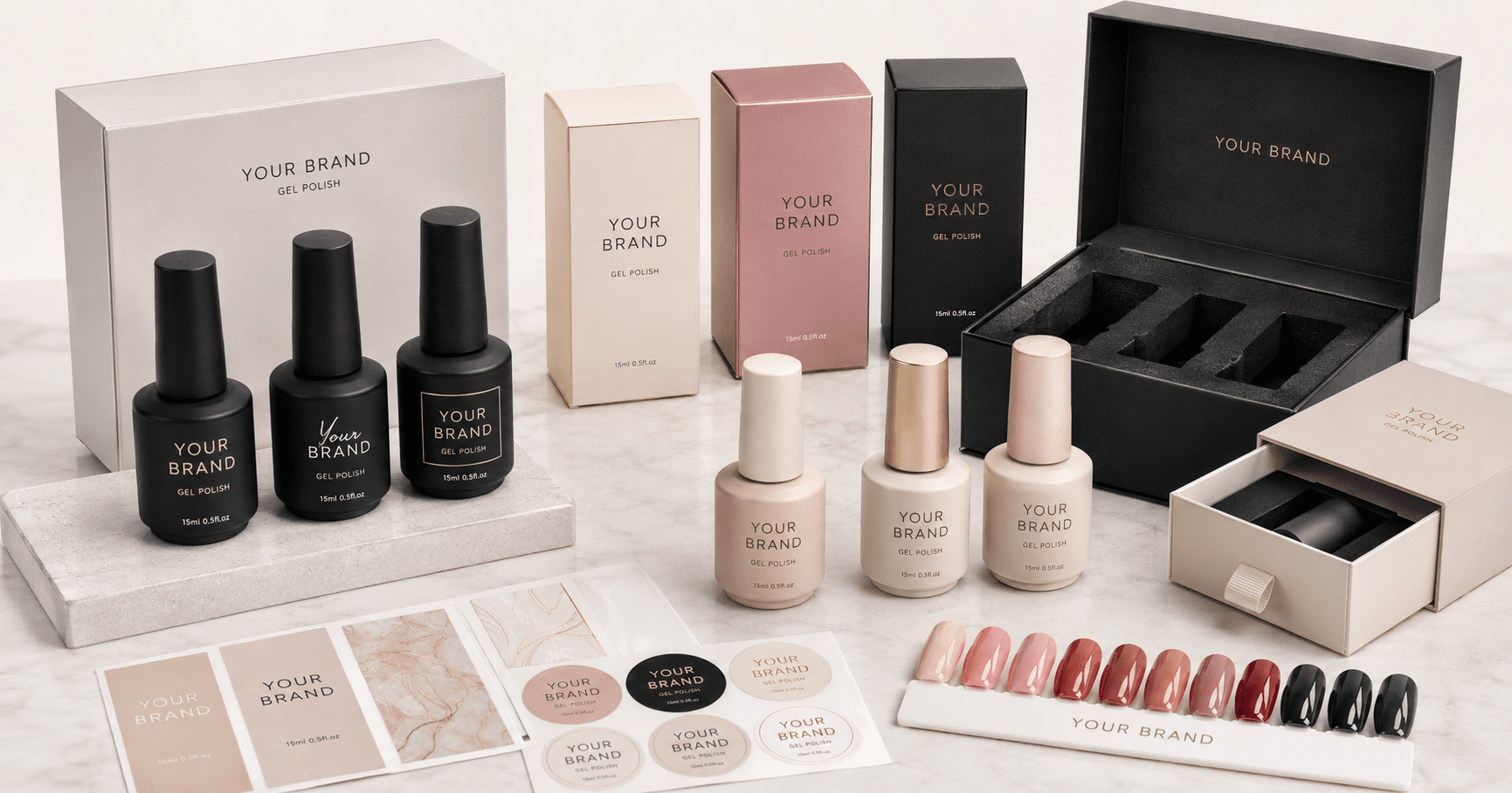 private-label-gel-polish-packaging-china Private label gel polish packaging options from China with bottles, labels, boxes, trays, and swatches