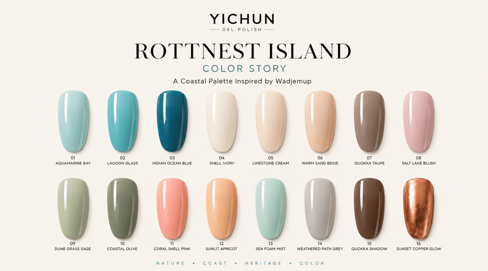 yichun-rottnest-island-gel-polish-color-palette YICHUN Rottnest Island gel polish color palette with aqua, quokka taupe, and coastal nude shades