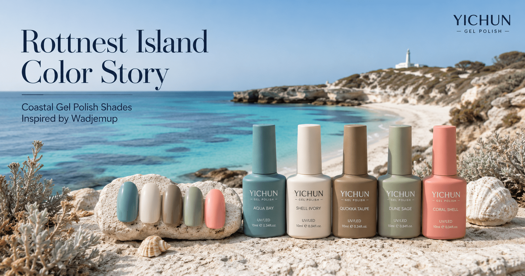 yichun-rottnest-island-gel-polish-color-story-hero YICHUN Rottnest Island gel polish color story hero image with aqua bays and quokka taupe palette