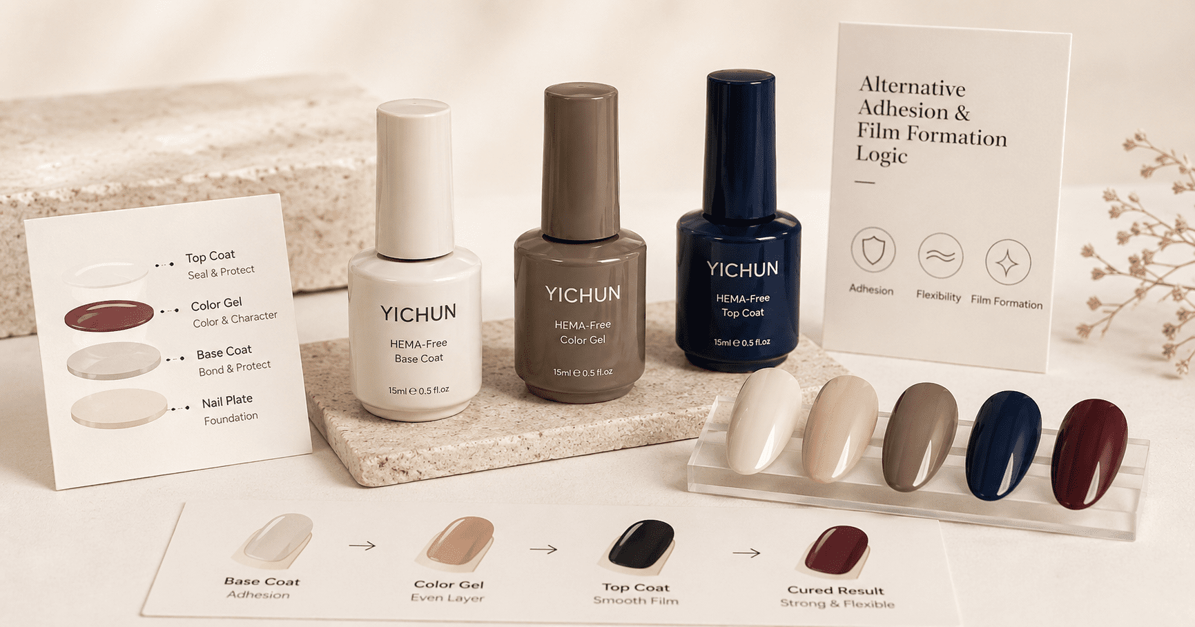 hema-free-gel-polish-alternative-adhesion HEMA-Free gel polish alternative adhesion and film formation concept with nail swatches