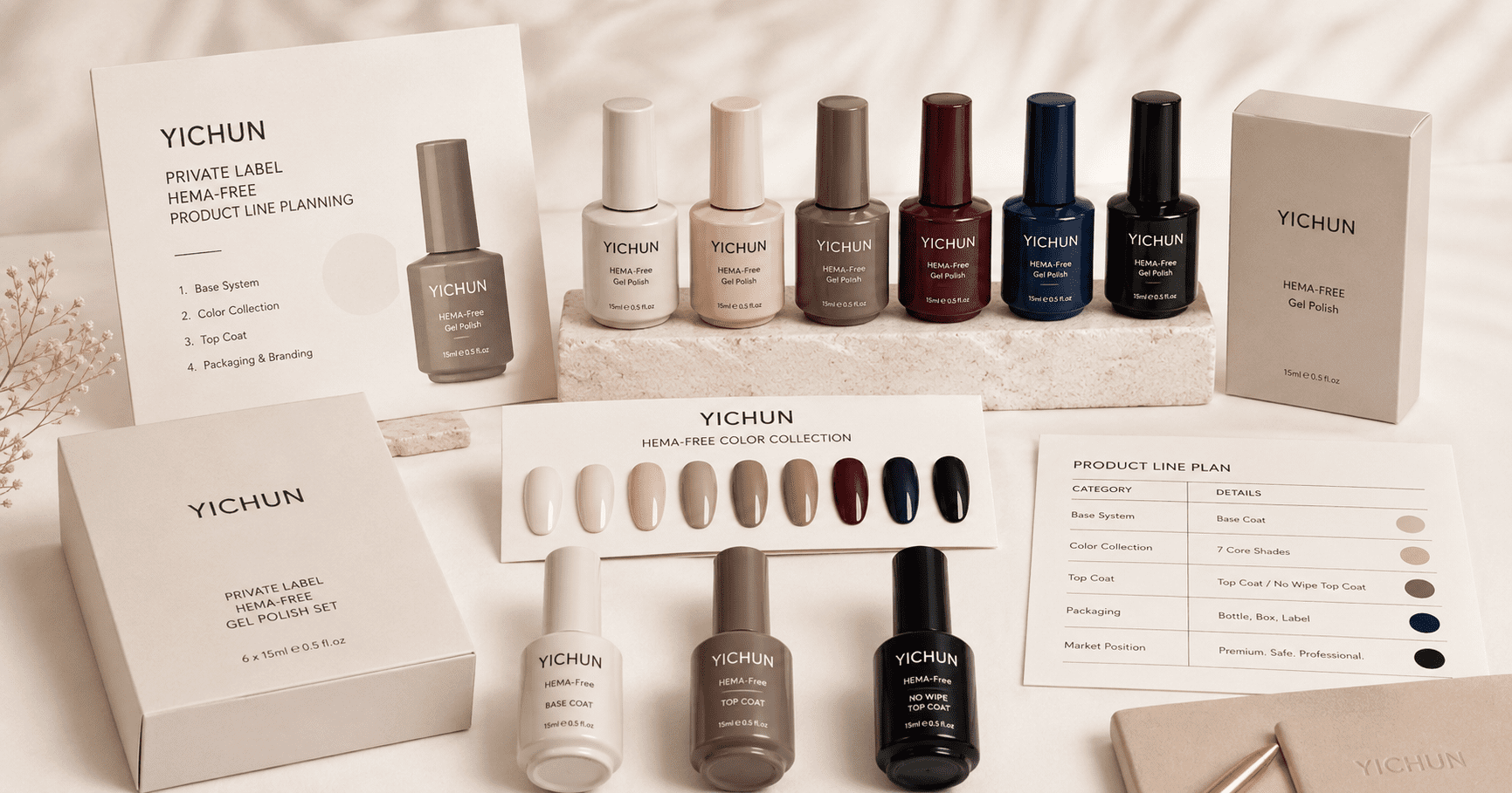 yichun-hema-free-gel-polish-private-label-line YICHUN HEMA-Free gel polish private label product line with bottles boxes and color swatches