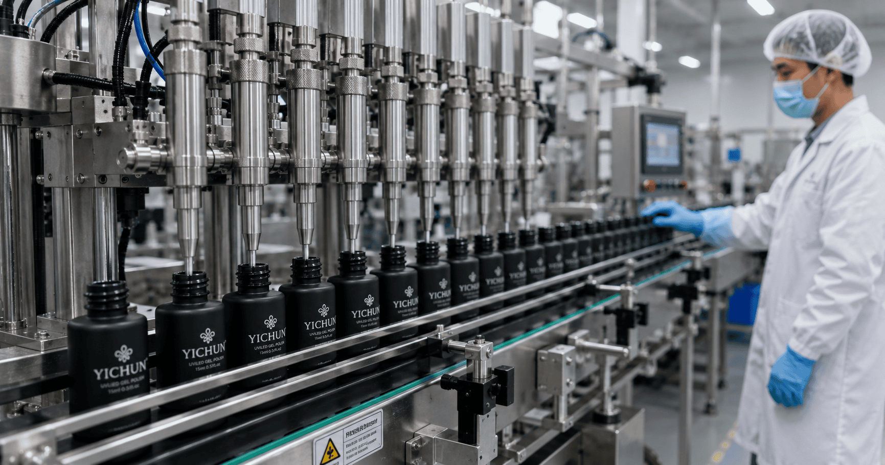 gel-polish-mass-production-line Automated filling line producing gel polish bottles in a nail gel factory China